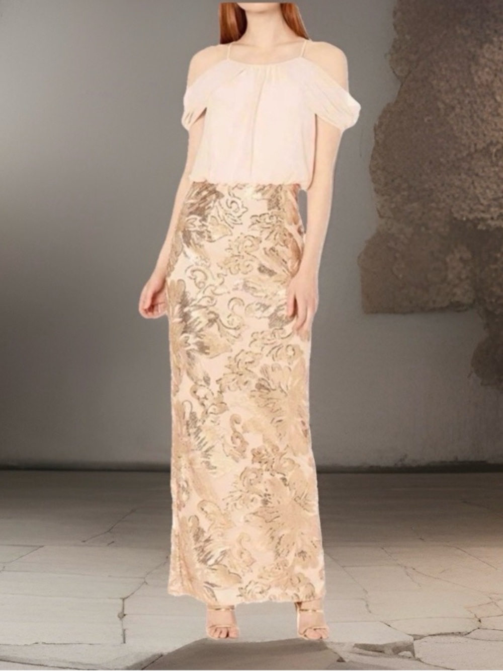 NWT Calvin Klein Blush and Gold Floral Sequin Maxi Dress-6